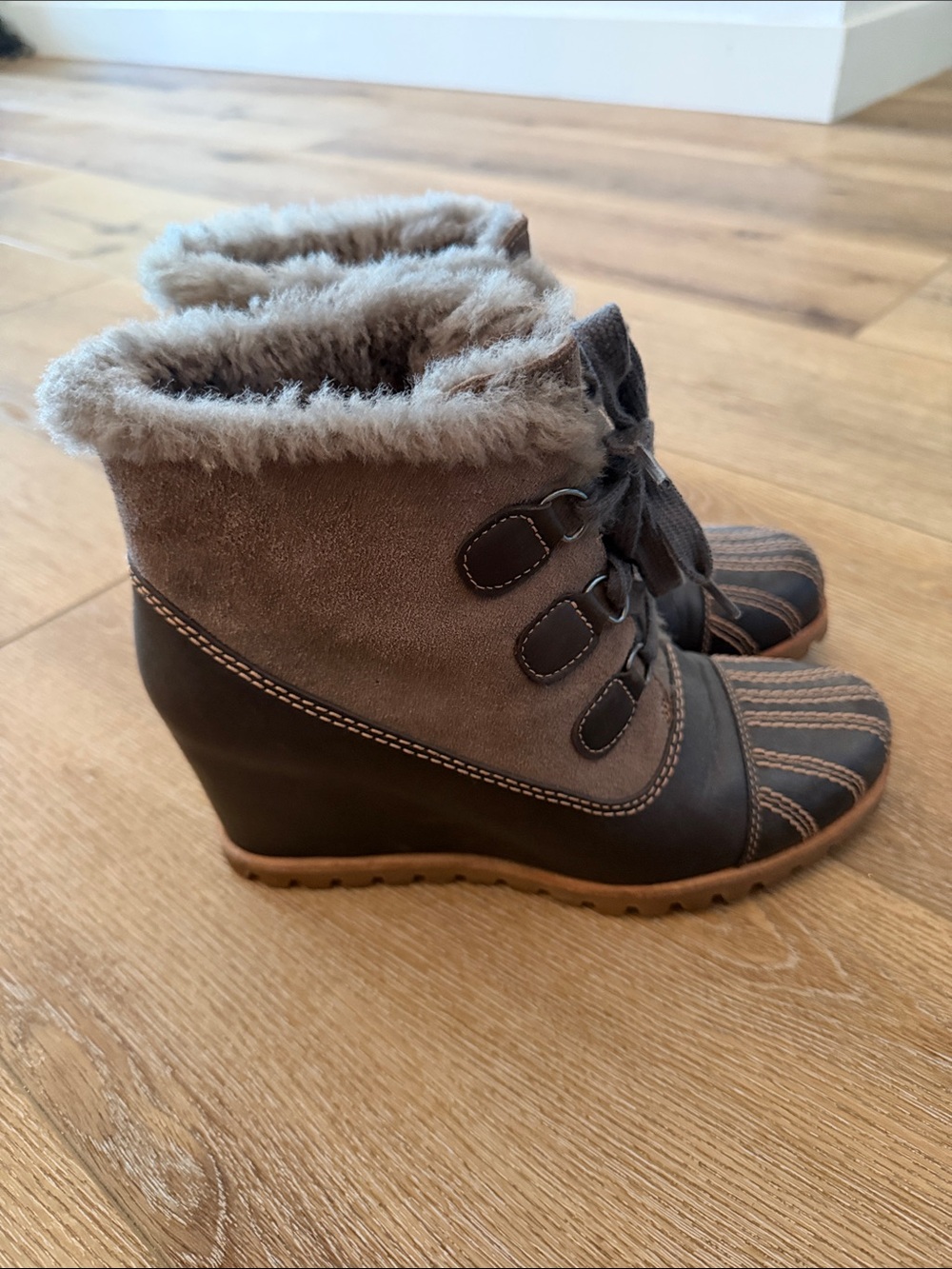 UGG Brown and Gray Suede Faux-Fur Wedge Ankle Boots